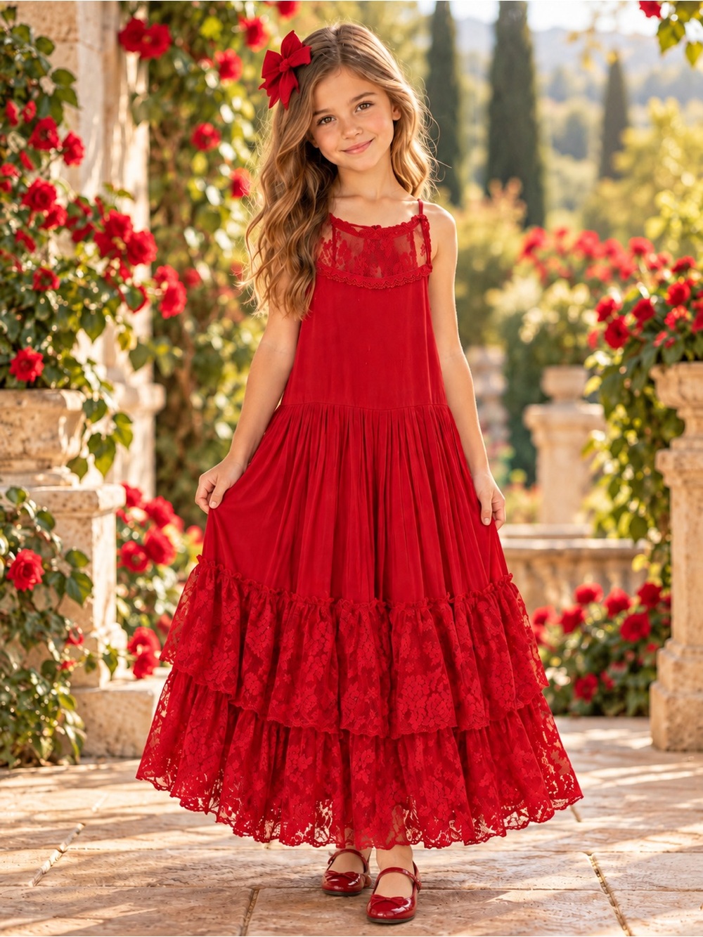 Joyfolie Girls Size 6 Red Lace Maxi Dress w/ Matching Bow NWOT